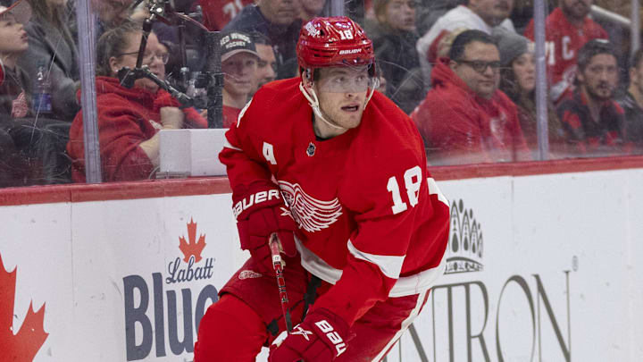 Detroit Red Wings center Andrew Copp (18) handles the puck along the boards.