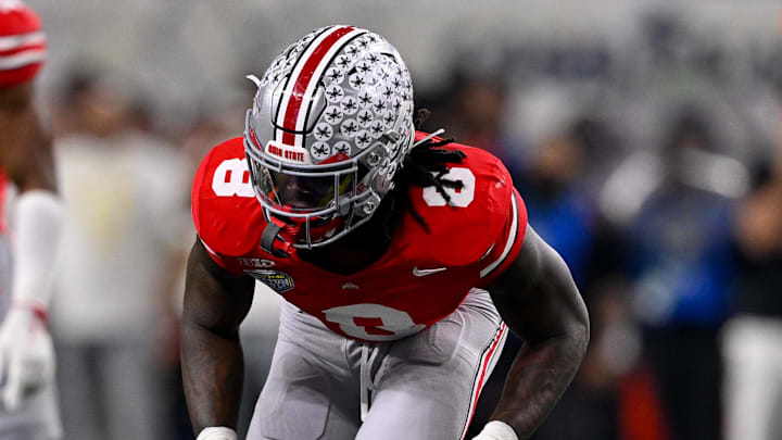 Dec 31, 2025; Arlington, TX, USA; Ohio State Buckeyes linebacker Arvell Reese (8) gets into position during the 2025 Cotton Bowl and quarterfinal game of the College Football Playoff at AT&T Stadium. Mandatory Credit: Jerome Miron-Imagn Images