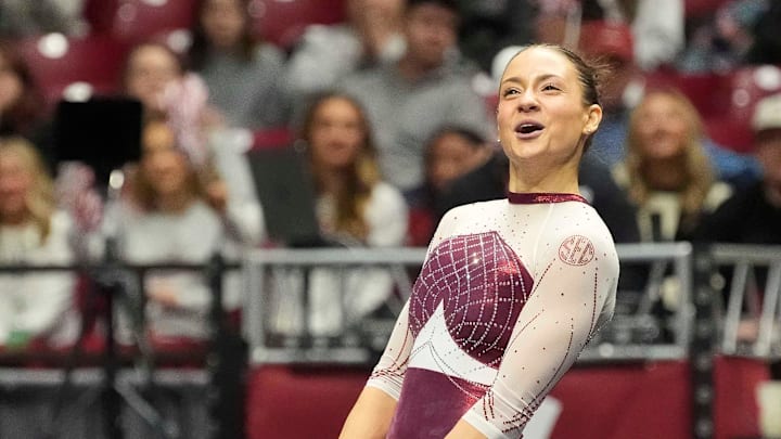 Alabama's Gabby Gladieux celebrates after a successful floor exercise during the meet against North Carolina Friday, Jan. 10, 2025.