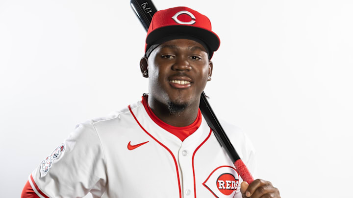 Feb 18, 2025; Goodyear, AZ, USA; Cincinnati Reds outfielder Hector Rodriguez poses for a portrait during Media Day at the Cincinnati Reds Development Complex. Mandatory Credit: Mark J. Rebilas-Imagn Images