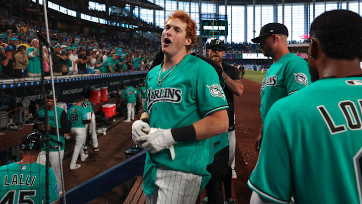 Miami Marlins right fielder Owen Caissie. Miami Marlins right fielder Owen Caissie.