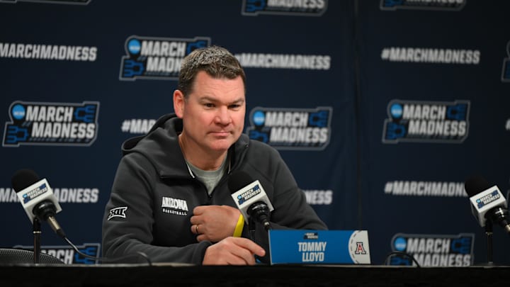 Arizona Wildcats head coach Tommy Lloyd during a press conference before practice at Climate Pledge Arena on Thursday.
