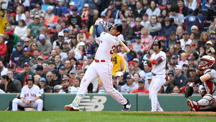 Sep 22, 2024; Boston, Massachusetts, USA; Boston Red Sox first baseman Triston Casas (36) hits a home run against the Minnesota Twins during the fifth inning at Fenway Park. Mandatory Credit: Eric Canha-Imagn Images