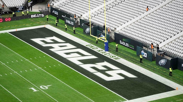 Sep 6, 2024; Sao Paulo, Brazil; The Philadelphia Eagles logo in the end zone at the 2024 NFL Sao Paolo Game at Neo Quimica Arena. Mandatory Credit: Kirby Lee-Imagn Images Sep 6, 2024; Sao Paulo, Brazil; The Philadelphia Eagles logo in the end zone at the 2024 NFL Sao Paolo Game at Neo Quimica Arena. Mandatory Credit: Kirby Lee-Imagn Images