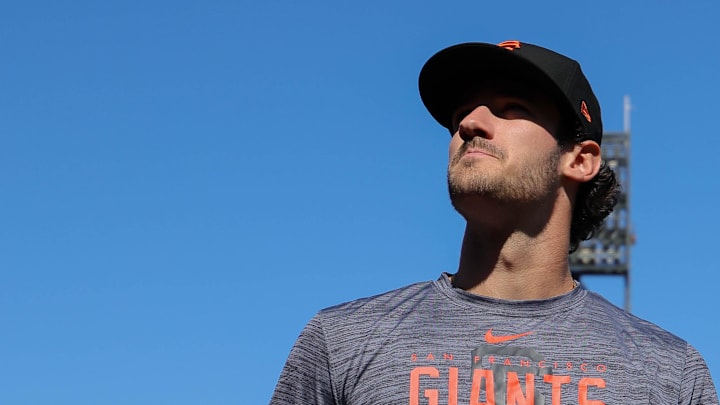 Jul 26, 2023; San Francisco, California, USA; San Francisco Giants 2023 first-round pick Bryce Eldridge before the game against the Oakland Athletics at Oracle Park. Mandatory Credit: Sergio Estrada-Imagn Images