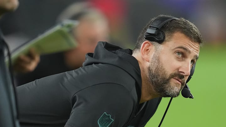 Aug 9, 2024; Baltimore, Maryland, USA; Philadelphia Eagles head coach Nick Sirianni looks at the scoreboard in the fourth quarter against the Baltimore Ravens at M&T Bank Stadium. Mandatory Credit: Mitch Stringer-Imagn Images