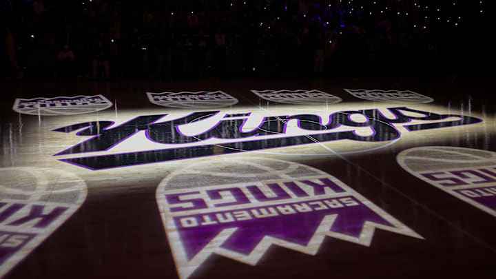 Oct 27, 2023; Sacramento, California, USA; A general of the Sacramento Kings logo on the court before the game against the Golden State Warriors at Golden 1 Center. Mandatory Credit: Sergio Estrada-Imagn Images