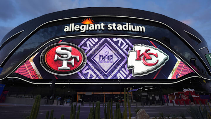 Feb 9, 2024; Las Vegas, NV, USA; A general overall view of Allegiant Stadium, the site of Super Bowl