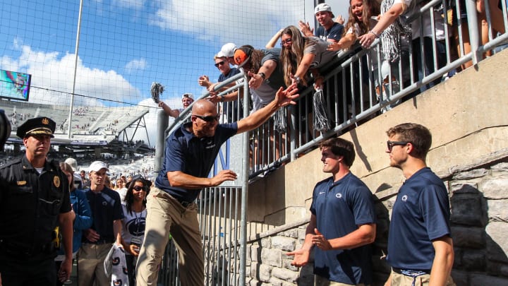 Penn State football coach James Franklin celebrates with the students following a Nittany Lions victory at Beaver Stadium. Penn State football coach James Franklin celebrates with the students following a Nittany Lions victory at Beaver Stadium.