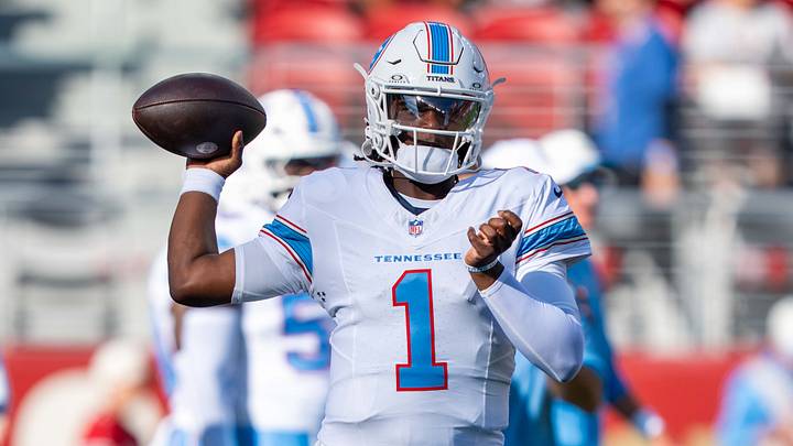 August 13, 2026; Santa Clara, California, USA; Tennessee Titans quarterback Cam Ward (1) warms up before the game against the San Francisco 49ers at Levi's Stadium. Mandatory Credit: Kyle Terada-Imagn Images