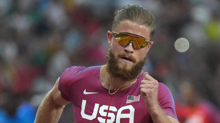 Aug 21, 2023; Budapest, Hungary; CJ Allen (USA) places third in 400m hurdles semifinal in 48.44 during the World Athletics Championships Budapest 23 at National Athletics Centre. Mandatory Credit: Kirby Lee-USA TODAY Sports