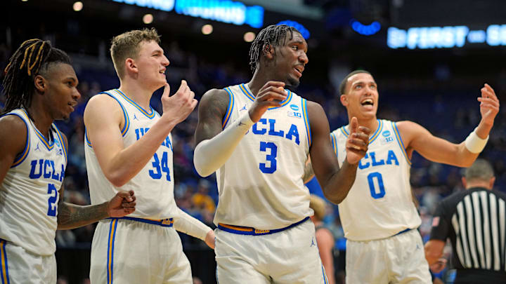 Mar 20, 2025; Lexington, KY, USA; UCLA Bruins guard Eric Dailey Jr. (3) reacts during the second half against the Utah State Aggies in the first round of the NCAA Tournament at Rupp Arena. Mandatory Credit: Aaron Doster-Imagn Images Mar 20, 2025; Lexington, KY, USA; UCLA Bruins guard Eric Dailey Jr. (3) reacts during the second half against the Utah State Aggies in the first round of the NCAA Tournament at Rupp Arena. Mandatory Credit: Aaron Doster-Imagn Images