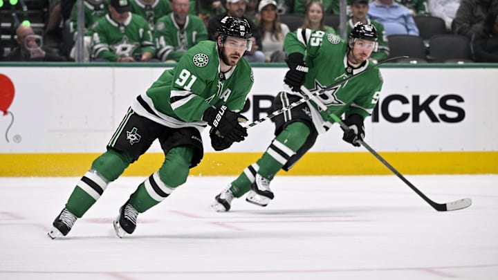 Apr 28, 2025; Dallas, Texas, USA; Dallas Stars center Tyler Seguin (91) and center Matt Duchene (95) skates against the Colorado Avalanche during the second period in game five of the first round of the 2025 Stanley Cup Playoffs at American Airlines Center. Mandatory Credit: Jerome Miron-Imagn Images Apr 28, 2025; Dallas, Texas, USA; Dallas Stars center Tyler Seguin (91) and center Matt Duchene (95) skates against the Colorado Avalanche during the second period in game five of the first round of the 2025 Stanley Cup Playoffs at American Airlines Center. Mandatory Credit: Jerome Miron-Imagn Images