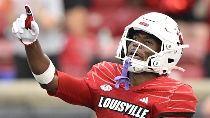 Sep 21, 2024; Louisville, Kentucky, USA;  Louisville Cardinals wide receiver Ja'Corey Brooks (1) celebrates a touchdown during the second half against the Georgia Tech Yellow Jackets at L&N Federal Credit Union Stadium.   