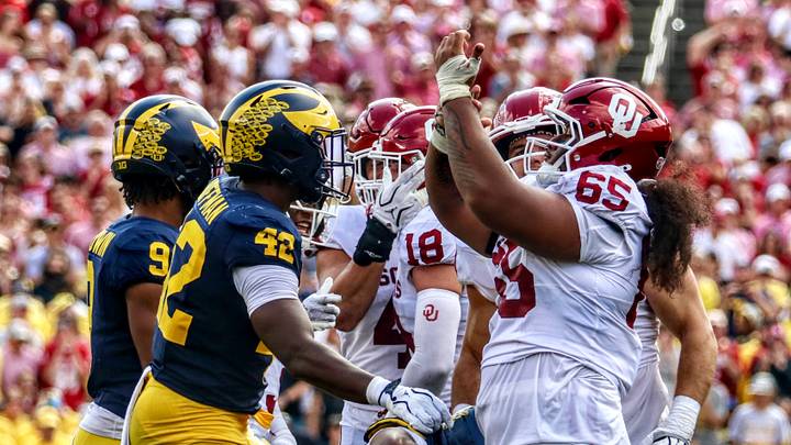 Oklahoma defensive tackle Jayden Jackson celebrates after making a tackle for loss against Michigan. Oklahoma defensive tackle Jayden Jackson celebrates after making a tackle for loss against Michigan.