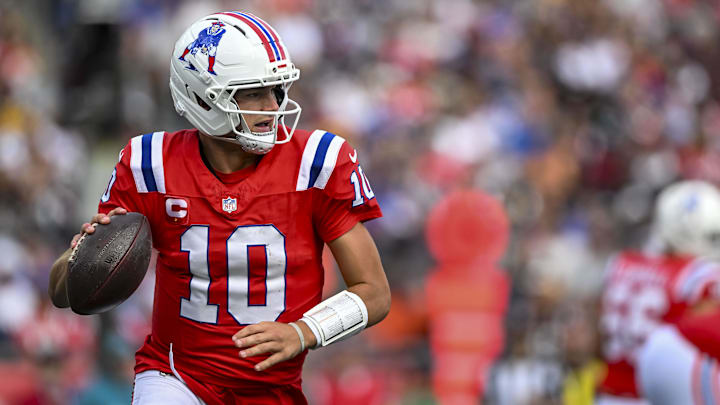 Sep 21, 2025; Foxborough, Massachusetts, USA; New England Patriots quarterback Drake Maye (10) during the third quarter at Gillette Stadium. Mandatory Credit: Brian Fluharty-Imagn Images