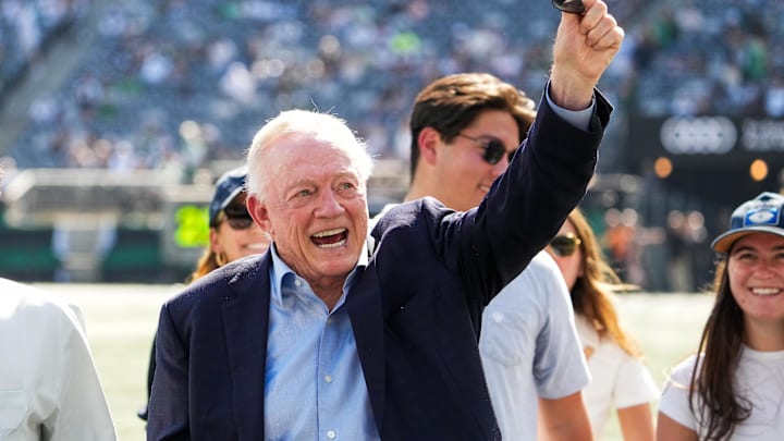 Dallas Cowboys Owner, President and General Manager Jerry Jones waves on the field prior to a game against the New York Jets. Dallas Cowboys Owner, President and General Manager Jerry Jones waves on the field prior to a game against the New York Jets.