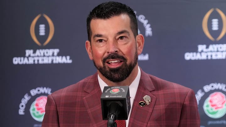 Dec 31, 2024; Los Angeles, California, USA; Ohio State Buckeyes head coach Ryan Day during the Rose Bowl head coaches press conference at Sheraton Grand LA. Mandatory Credit: Kirby Lee-Imagn Images