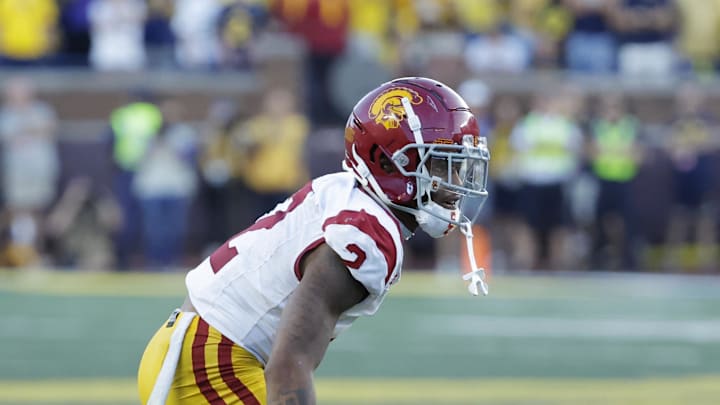 Sep 21, 2024; Ann Arbor, Michigan, USA;  USC Trojans cornerback Jaylin Smith (2) pursues a play on defense against the Michigan Wolverines at Michigan Stadium. Mandatory Credit: Rick Osentoski-Imagn Images