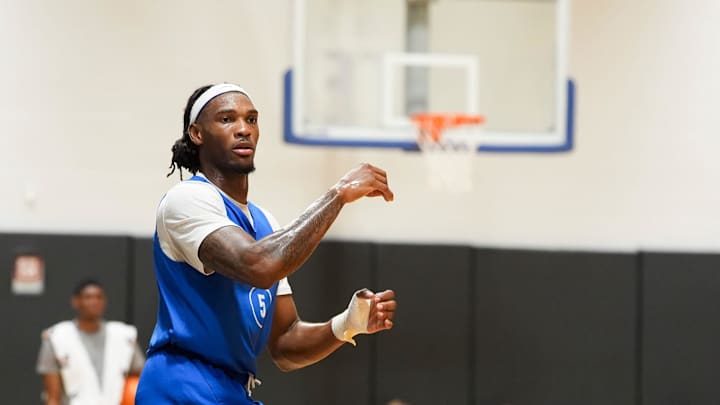 Memphis’ Tyreek Smith (5) passes the ball during a pro day event at the Laurie-Walton Basketball Center at the University of Memphis on Thursday, October 3, 2024.