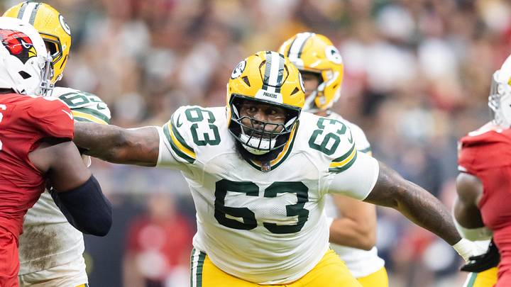 Oct 19, 2025; Glendale, Arizona, USA; Green Bay Packers tackle Rasheed Walker (63) against the Arizona Cardinals at State Farm Stadium. Mandatory Credit: Mark J. Rebilas-Imagn Images Oct 19, 2025; Glendale, Arizona, USA; Green Bay Packers tackle Rasheed Walker (63) against the Arizona Cardinals at State Farm Stadium. Mandatory Credit: Mark J. Rebilas-Imagn Images
