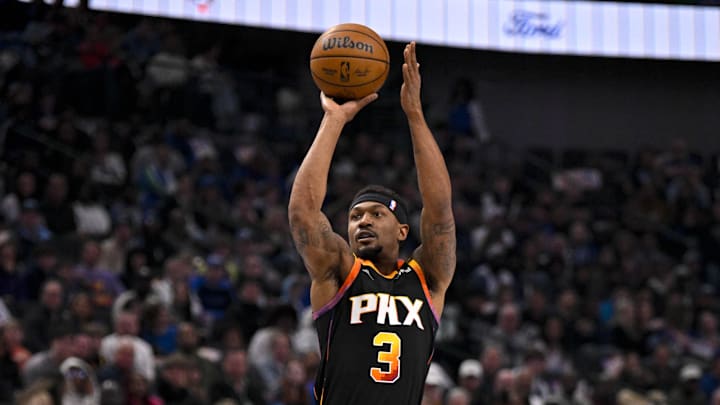 Mar 9, 2025; Dallas, Texas, USA; Phoenix Suns guard Bradley Beal (3) in action during the game between the Dallas Mavericks and the Phoenix Suns at American Airlines Center. Mandatory Credit: Jerome Miron-Imagn Images