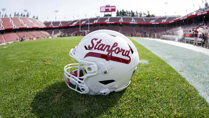 White Stanford helmet with red lettering White Stanford helmet with red lettering