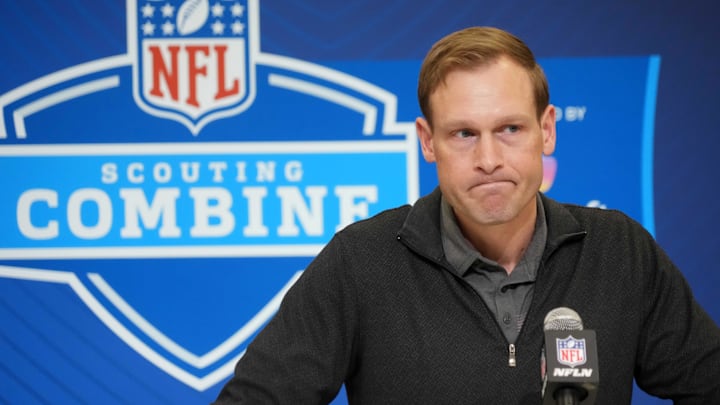 Feb 25, 2025; Indianapolis, IN, USA; Chicago Bears coach Ben Johnson speaks during the NFL Scouting Combine at the Indiana Convention Center. Mandatory Credit: Kirby Lee-Imagn Images