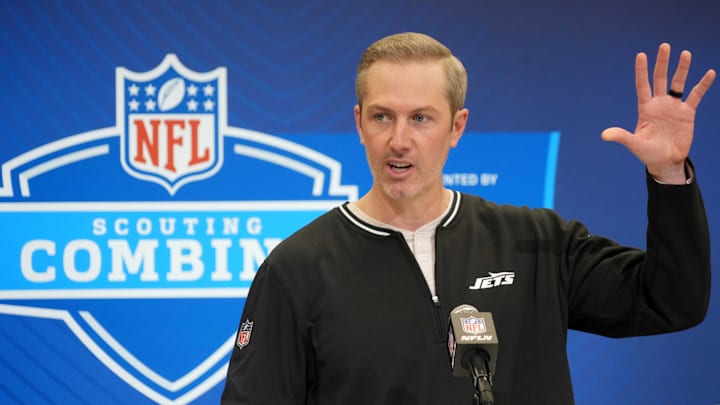 Feb 25, 2025; Indianapolis, IN, USA; New York Jets general manager Darren Mougey speaks during the NFL Scouting Combine at the Indiana Convention Center. Mandatory Credit: Kirby Lee-Imagn Images