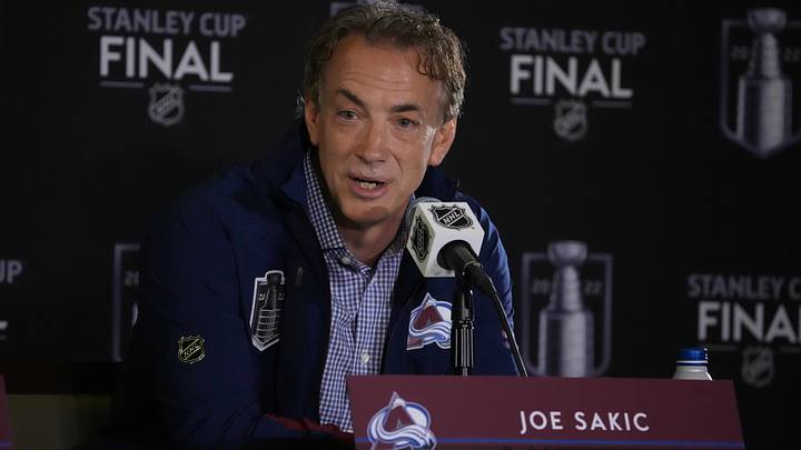 Jun 14, 2022; Denver, Colorado, USA; Colorado Avalanche general manager Joe Sakic speaks during media day for the 2022 Stanley Cup Final at Ball Arena. Mandatory Credit: Ron Chenoy-USA TODAY Sports