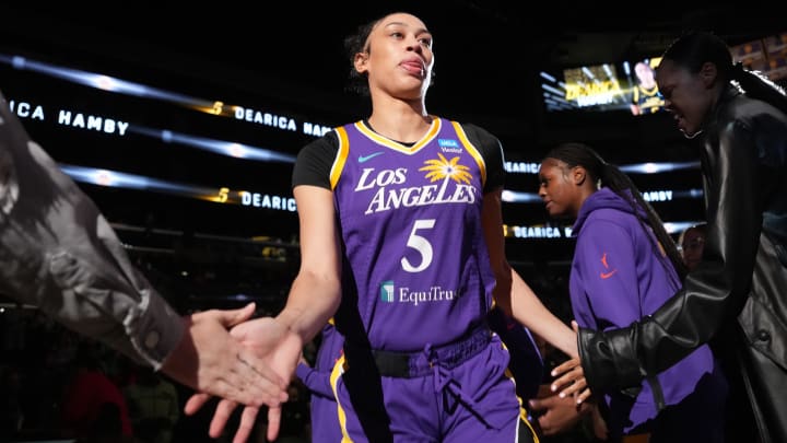 Los Angeles Sparks forward Dearica Hamby is introduced before a game against the Las Vegas Aces in May.