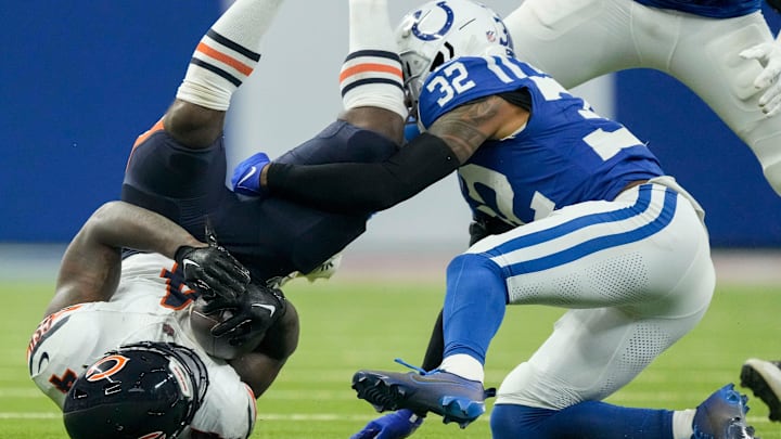 Colts safety Julian Blackmon denies running back D'Andre Swift on a key carry in Sunday's 21-16 Bears loss. Colts safety Julian Blackmon denies running back D'Andre Swift on a key carry in Sunday's 21-16 Bears loss.
