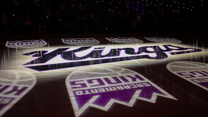 Oct 27, 2023; Sacramento, California, USA; A general of the Sacramento Kings logo on the court before the game against the Golden State Warriors at Golden 1 Center. Mandatory Credit: Sergio Estrada-Imagn Images