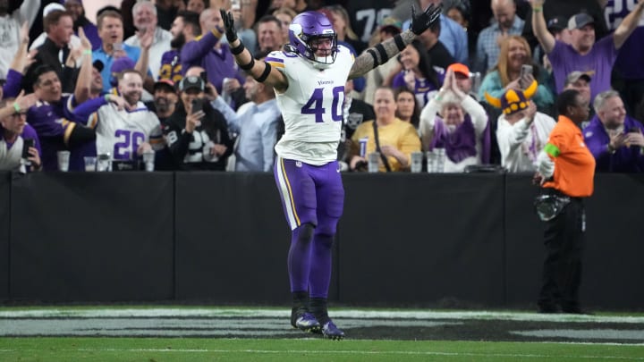 Dec 10, 2023; Paradise, Nevada, USA; Minnesota Vikings linebacker Ivan Pace Jr. (40) celebrates after an interception against the Las Vegas Raiders in the second half at Allegiant Stadium. Mandatory Credit: Kirby Lee-USA TODAY Sports