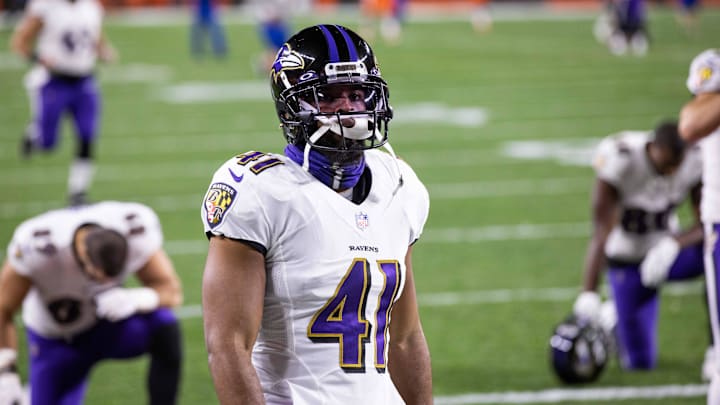 Dec 14, 2020; Cleveland, Ohio, USA; Baltimore Ravens defensive back Anthony Levine (41) before the game against the Cleveland Browns at FirstEnergy Stadium. Mandatory Credit: Scott Galvin-Imagn Images