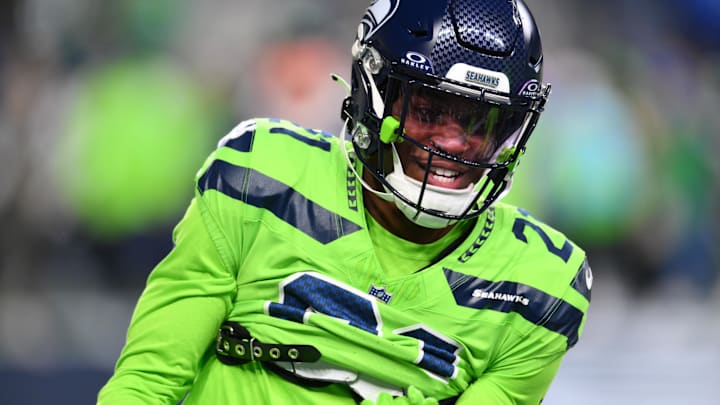 Seattle Seahawks cornerback Devon Witherspoon during warmups before the game against the Green Bay Packers at Lumen Field.