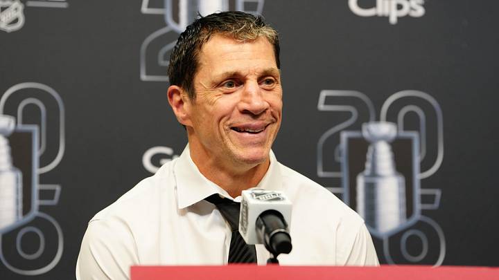 Jun 14, 2026; Las Vegas, Nevada, USA; Carolina Hurricanes head coach Rod Brind'Amour in a pregame press conference prior to the game against the Vegas Golden Knights in game six of the 2026 Stanley Cup Final at T-Mobile Arena. Mandatory Credit: Stephen R. Sylvanie-Imagn Images