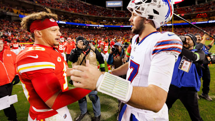 KANSAS CITY, MISSOURI - DECEMBER 10: Patrick Mahomes #15 of the Kansas City Chiefs and Josh Allen #17 of the Buffalo Bills after an NFL football game against the Buffalo Bills at GEHA Field at Arrowhead Stadium on December 10, 2023 in Kansas City, Missouri.