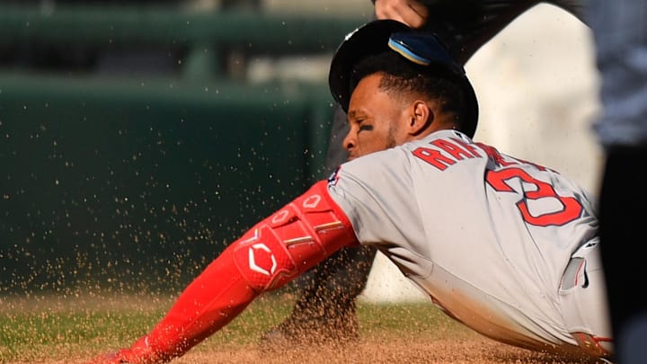 Apr 12, 2025; Chicago, Illinois, USA; Boston Red Sox center fielder Ceddanne Rafaela (3) slides into third for his RBI triple as Chicago White Sox third baseman Miguel Vargas (not pictured) attempts the tag during the fifth inning at Rate Field. Mandatory Credit: Patrick Gorski-Imagn Images Apr 12, 2025; Chicago, Illinois, USA; Boston Red Sox center fielder Ceddanne Rafaela (3) slides into third for his RBI triple as Chicago White Sox third baseman Miguel Vargas (not pictured) attempts the tag during the fifth inning at Rate Field. Mandatory Credit: Patrick Gorski-Imagn Images