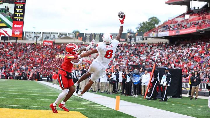 Rutgers wide receiver KJ Duff makes a one-handed, acrobatic catch for a touchdown against Maryland, October 17th, 2026, SECU Stadium, College Park, MD Rutgers wide receiver KJ Duff makes a one-handed, acrobatic catch for a touchdown against Maryland, October 17th, 2026, SECU Stadium, College Park, MD