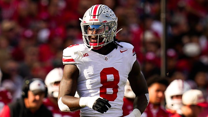 Ohio State Buckeyes linebacker Arvell Reese (8) reacts during the game against the Wisconsin Badgers at Camp Randall Stadium on Saturday, Oct. 18, 2025 in Madison, Wisconsin.