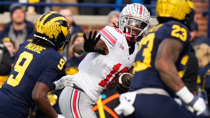 Nov 25, 2023; Ann Arbor, Michigan, USA; Ohio State Buckeyes wide receiver Marvin Harrison Jr. (18)