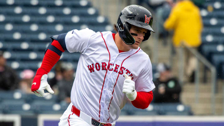 Worcester left fielder Roman Anthony runs on a fly ball against the Durham Bulls May 23. Worcester left fielder Roman Anthony runs on a fly ball against the Durham Bulls May 23.
