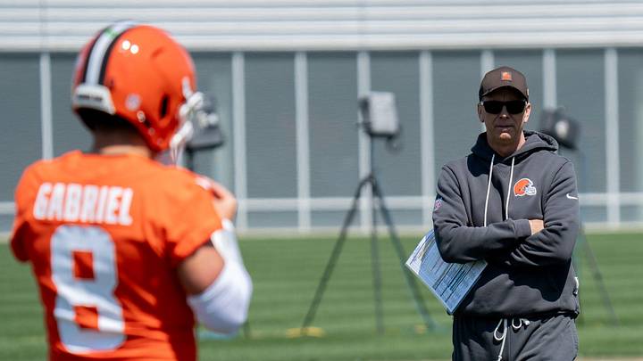 Coach Todd Monken watches quarterbacks practice, including Dillon Gabriel, at the Browns mini camp in Berea on April 21, 2026.