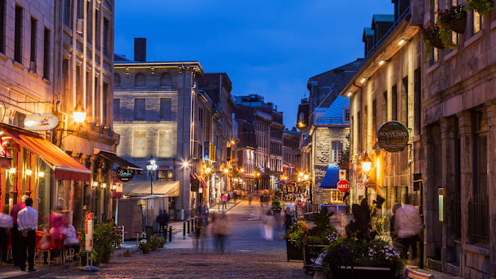 Saint Paul Street in Montreal at night.