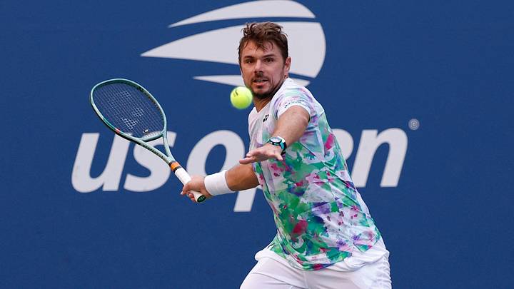 Sep 2, 2023; Flushing, NY, USA; Stan Wawrinka hits a forehand against Jannik Sinner of Italy on day six of the 2023 U.S. Open tennis tournament at USTA Billie Jean King National Tennis Center. Mandatory Credit: Geoff Burke-USA TODAY Sports
