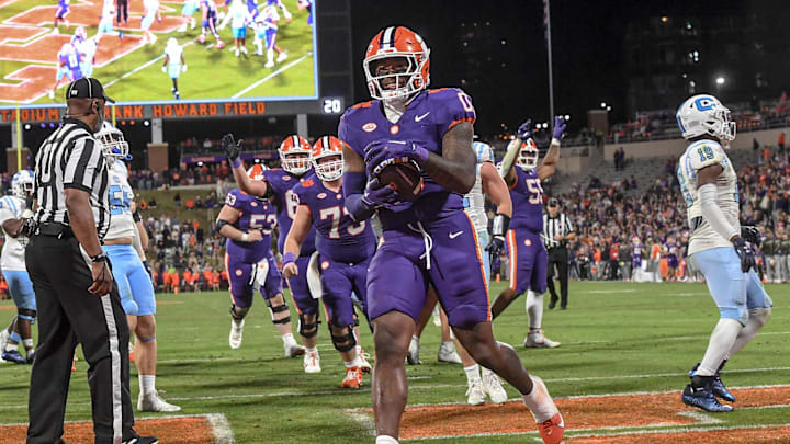 Nov 23, 2024; Clemson, South Carolina, USA; Clemson Tigers linebacker Barrett Carter (0) scores a touchdown against The Citadel Bulldogs during the fourth quarter at Memorial Stadium. 