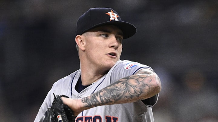 Sep 17, 2024; San Diego, California, USA; Houston Astros starting pitcher Hunter Brown (58) pitches against the San Diego Padres during the first inning at Petco Park. Mandatory Credit: Orlando Ramirez-Imagn Images
