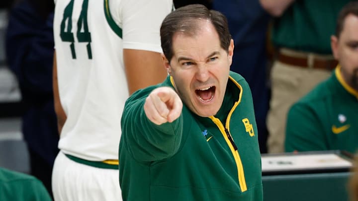 Feb 24, 2026; Waco, Texas, USA;  Baylor Bears head coach Scott Drew reacts on the sideline during the second half against the Arizona Wildcats at Paul and Alejandra Foster Pavilion. Mandatory Credit: Chris Jones-Imagn Images