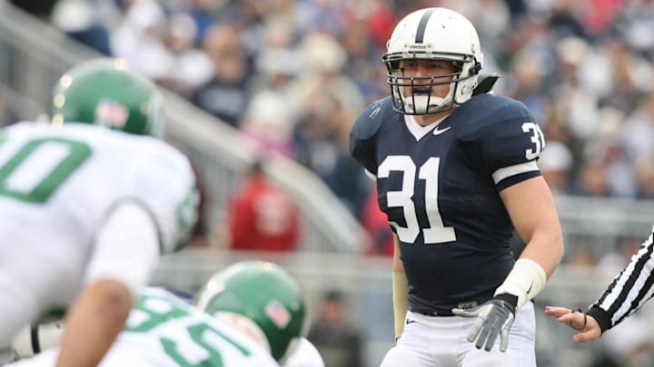 Former Penn State linebacker Paul Posluszny lines up against the Michigan State Spartans during a 2006 game at Beaver Stadium.